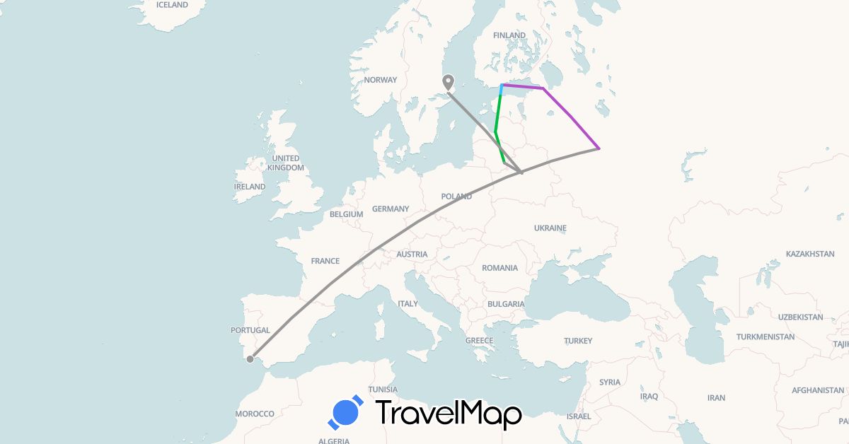 TravelMap itinerary: driving, bus, plane, train, boat in Belarus, Estonia, Finland, Lithuania, Latvia, Portugal, Russia, Sweden (Europe)